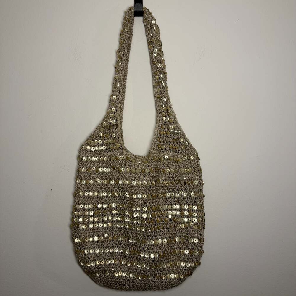 Y2K Gold Sequin Crochet Shoulder Bag Shiny Hobo Purse